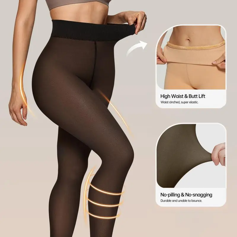 Women Fleece Lined Leggings Sheer Fake Translucent Pantyhose Thermal High Waisted Footed Opaque Tights