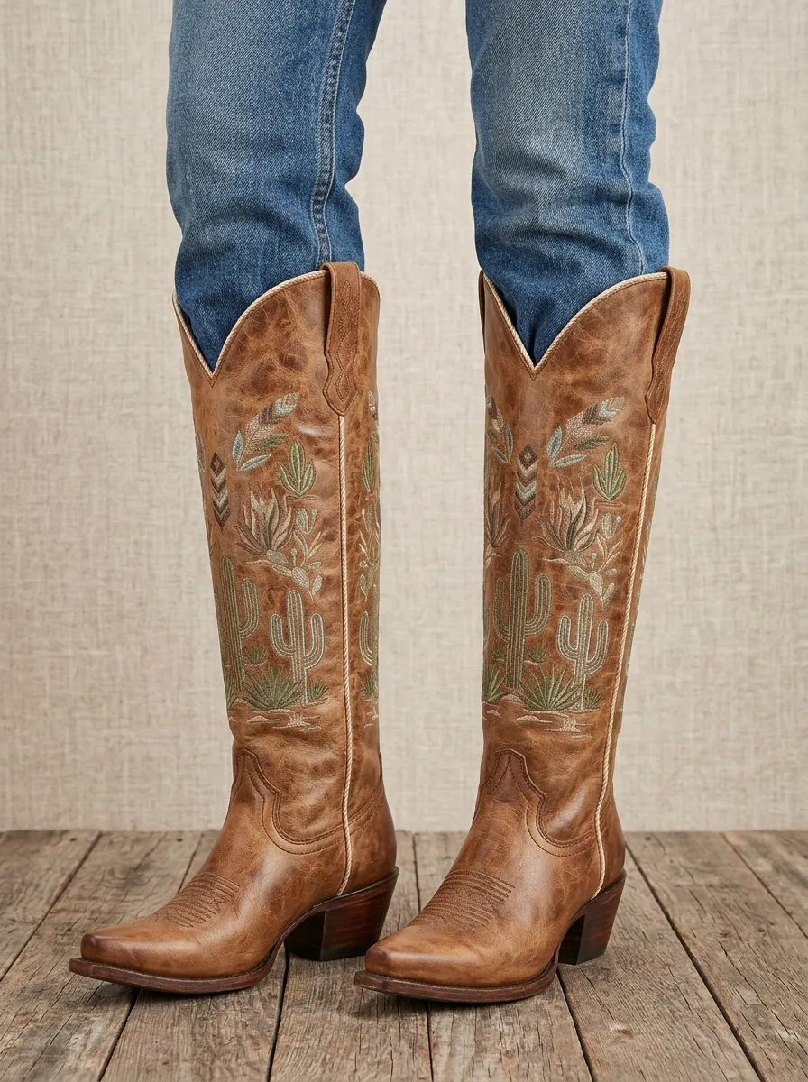 Women's Cactus Embroidered Pointed-Toe Block-Heel Western Denim Over-the-Knee Boots