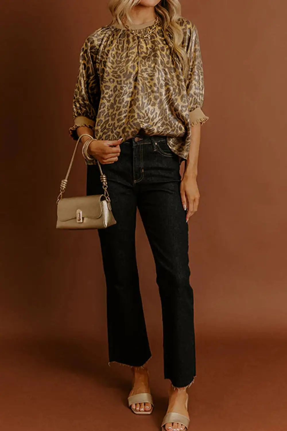Gold Half Sleeve Metallic Leopard Print Blouse