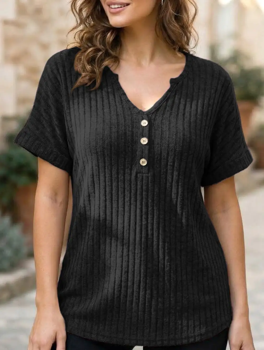 V Neck Button Front Loose Ribbed Tee