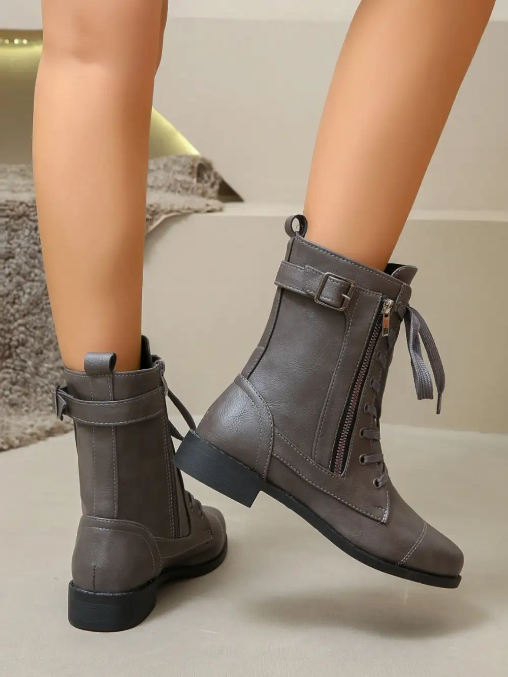 Pu Leather Lace-Up Boots