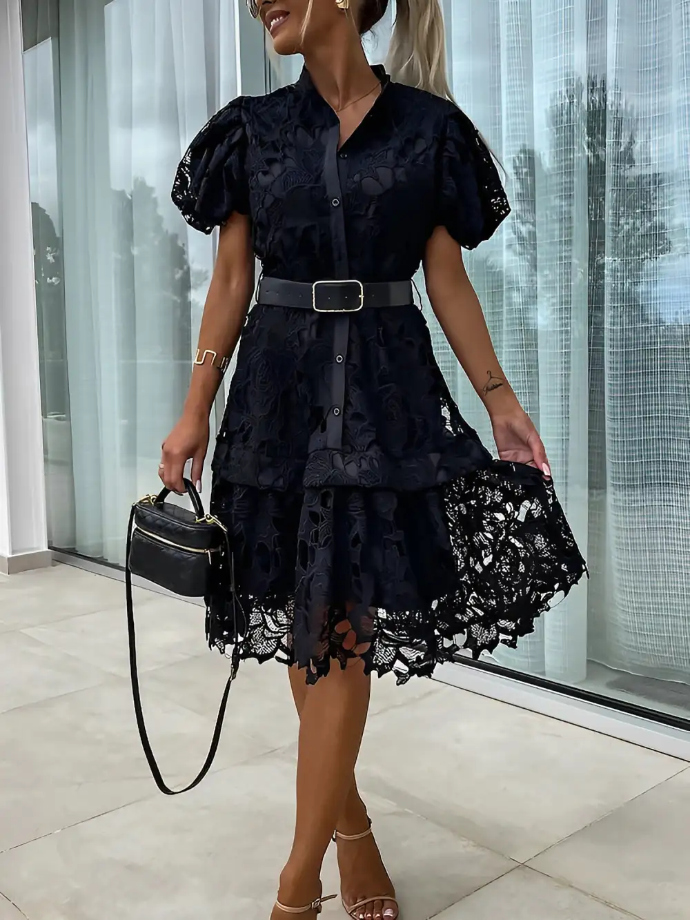 Puff Short-Sleeve Lace Belted Midi Dress