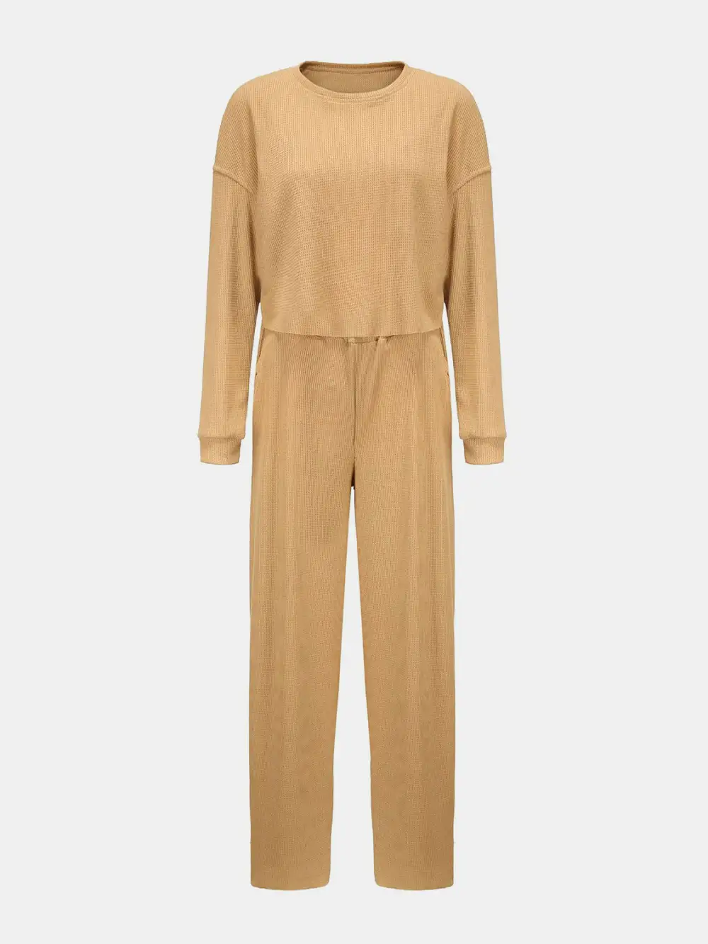 Waffle Knit Round Neck Top And Pants Set