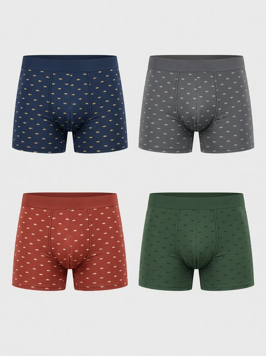 Men's Navy Fish Stretch Waist Boxer Briefs 4-Pack