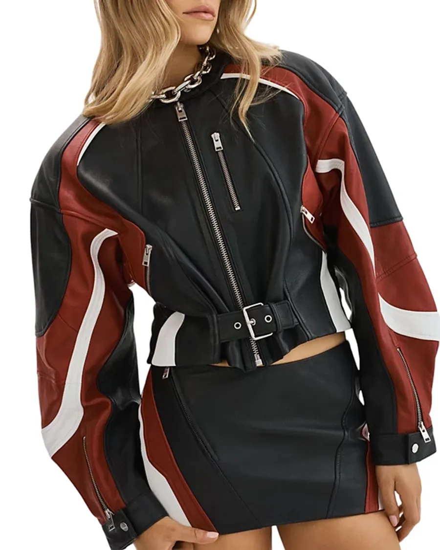 Cropped Leather Contrast Insert Racer Jacket