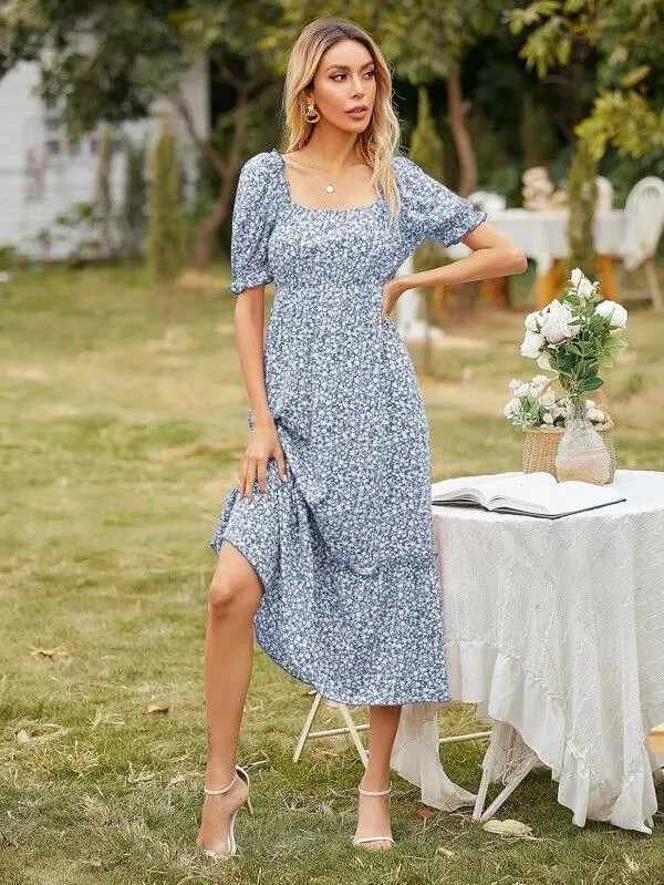 Women Square Neck Ditsy Floral Frill Trim Dress