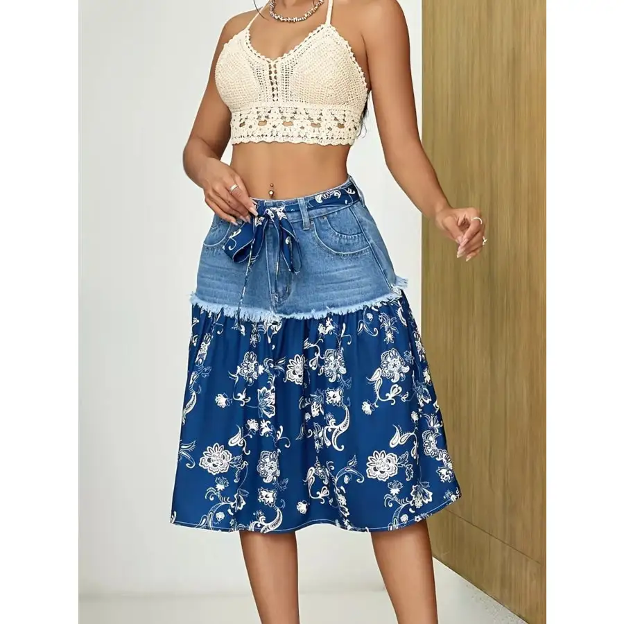 Denim Skirt with Frayed Hem Detail