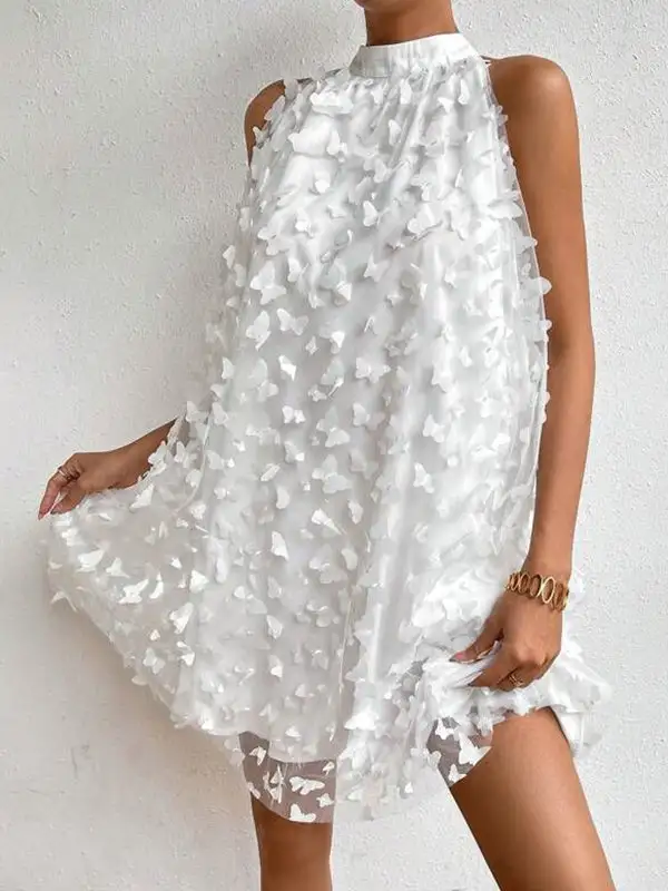 Relaxed Sleeveless Jacquard Pleated Solid Color Split Joint Stand Collar Mini