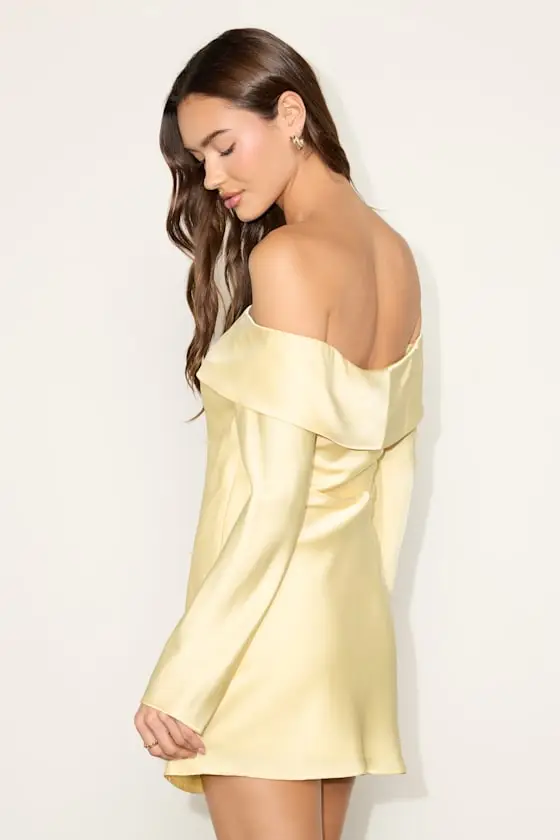 Luxurious Vision Light Yellow Satin Off-the-Shoulder Mini Dress