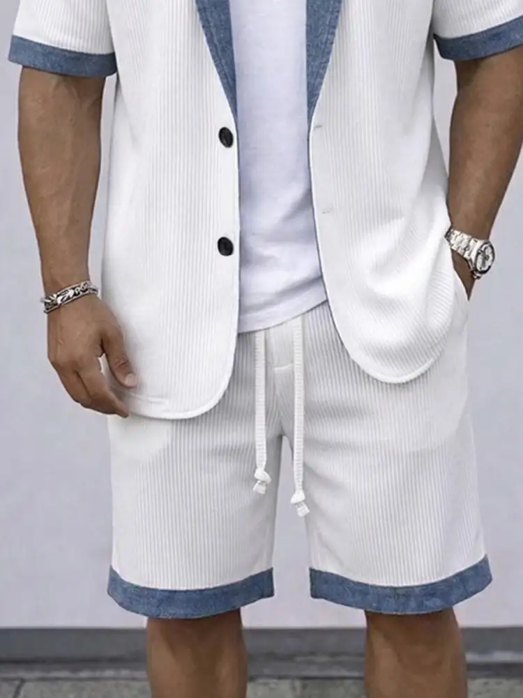Casual Textured Short Sleeve Blazer Jacket and Shorts Set
