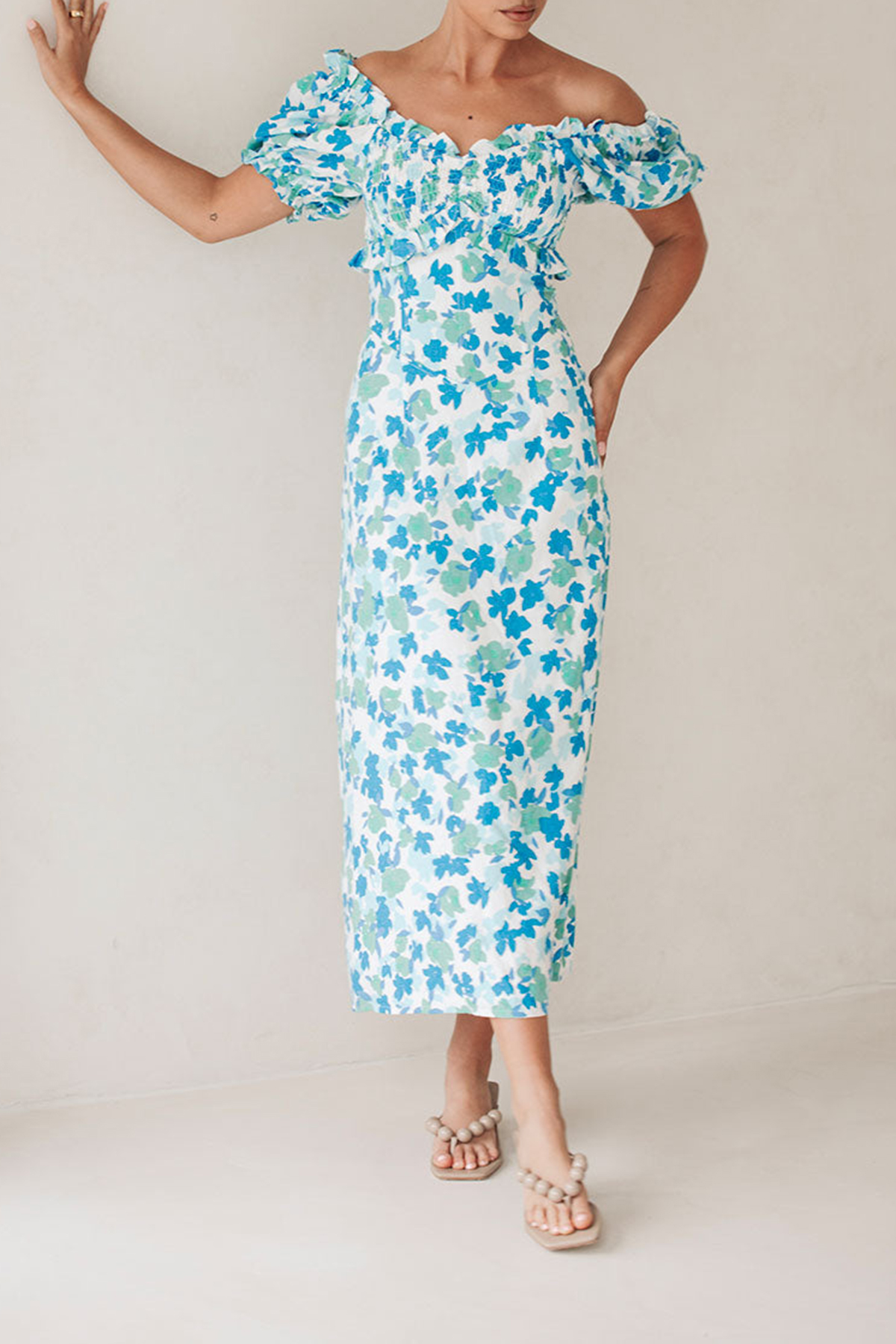 Off Shoulder Floral Print Midi Dress