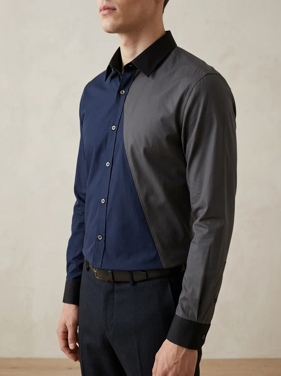 Men's Color Block Two-Tone Slim Fit Long Sleeve Shirt