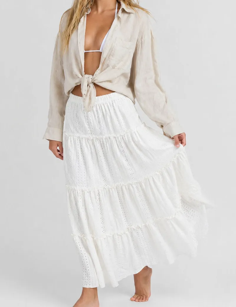 Solid Color Eyelet Tiered Ruffle Maxi Skirt