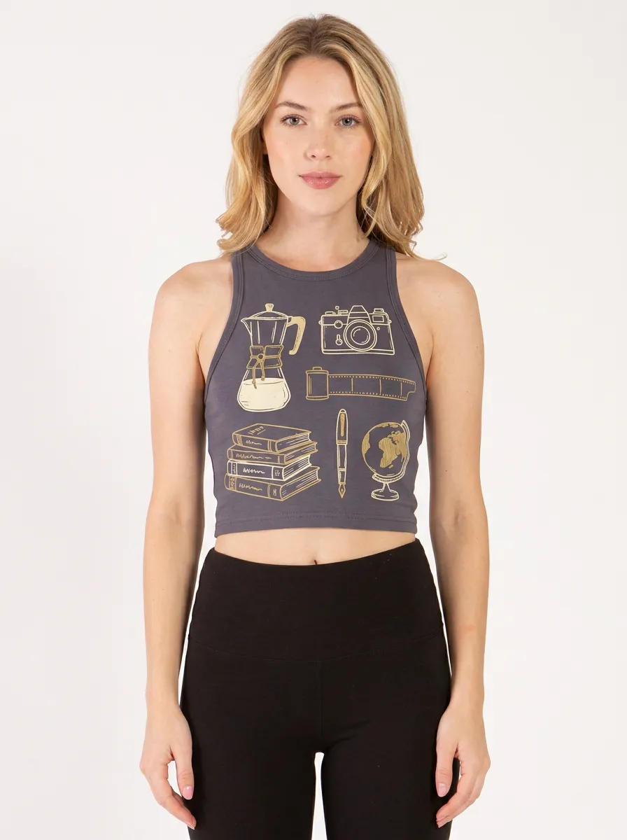Women's Hobby Lover Camera Coffee Book Globe Printed Crop Top