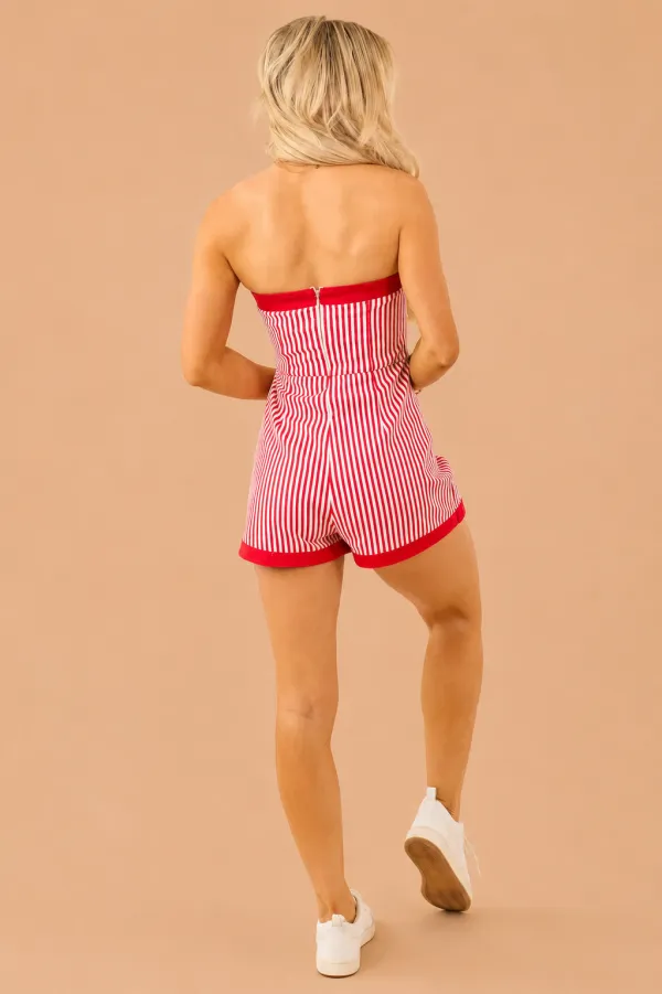Lipstick Striped Denim Wrap Around Romper