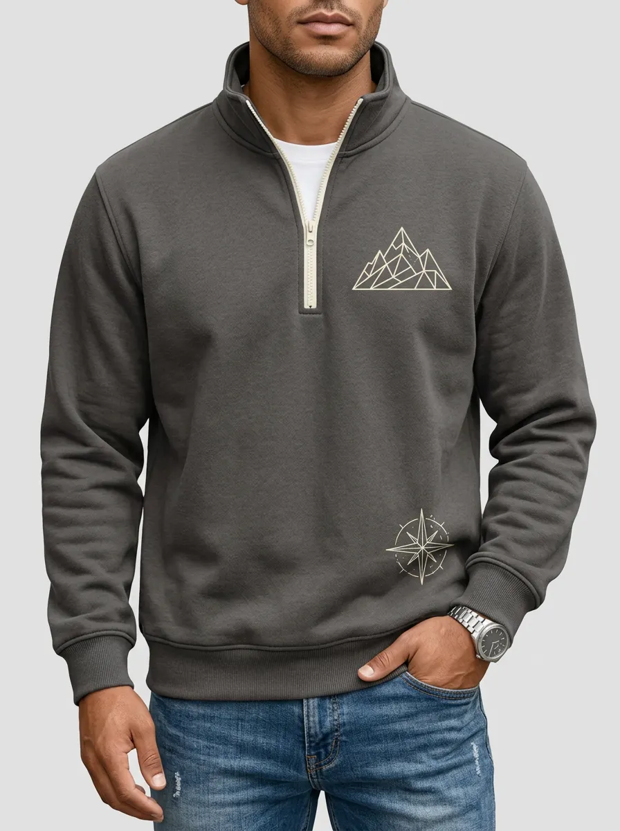Men's Outdoor Geometric Mountain Compass Graphic Quarter-Zip-Neck Sweatshirt