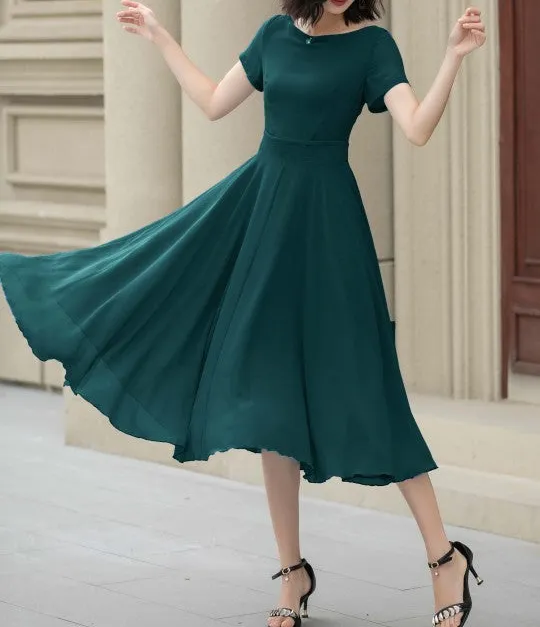 Polyester A Line Swing Short Sleeve Midi Dress