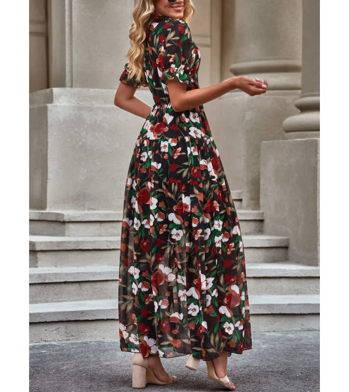 Floral V Neck Short Flounce Sleeve Dress
