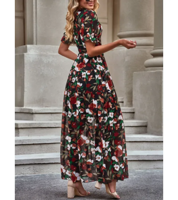 Floral V Neck Short Flounce Sleeve Dress