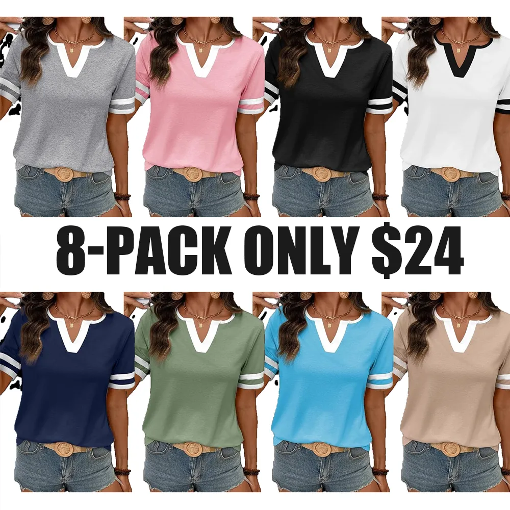 Spring/Summer Women's Casual Color Block V-Neck T-Shirt