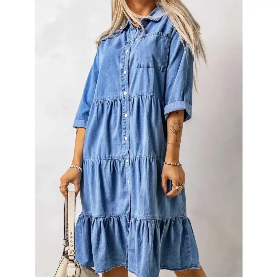 Full Size Ruffled Hem Button Up Midi Dress Plus Size