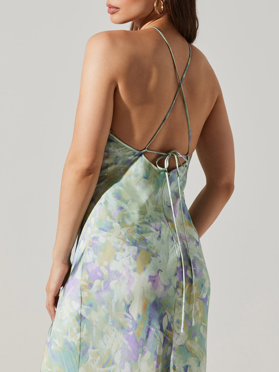 Sexy Halter Neck Open Back Satin Print Maxi Dress