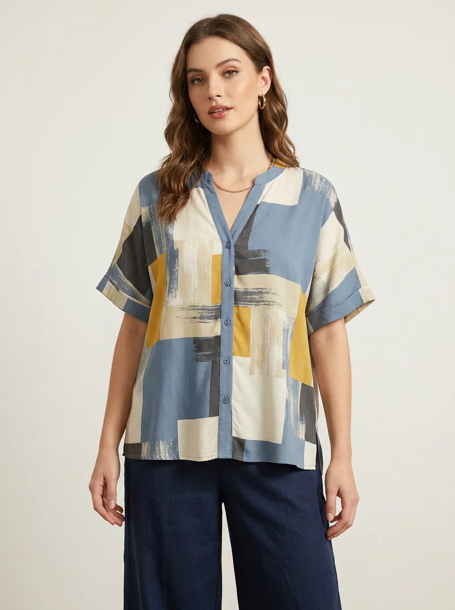 Women's Abstract Geometric Pattern Printed V-Neck Button-Up Top