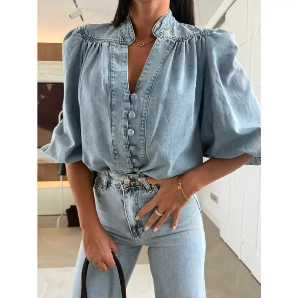 Button Down Puff Sleeve Denim Top
