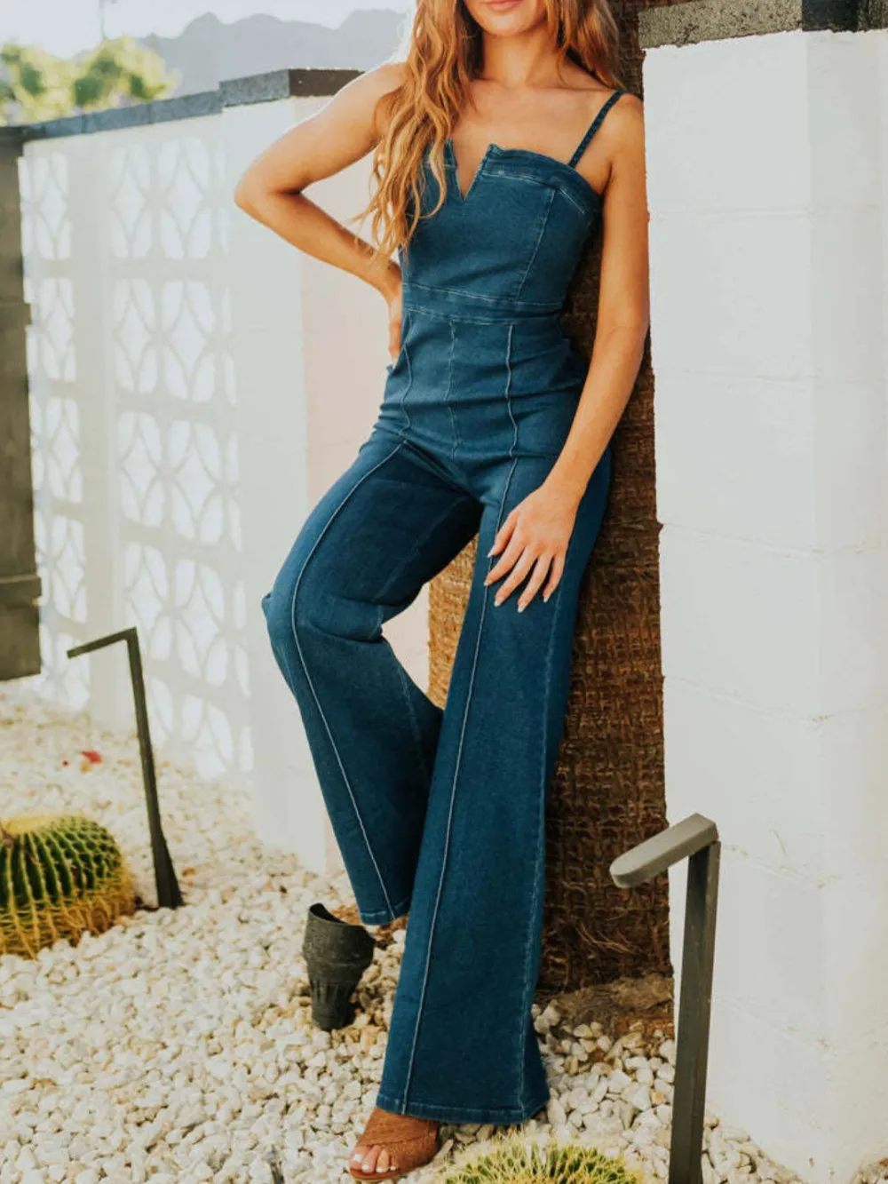 Spaghetti Strap Wide Leg Denim Jumpsuit Accessory