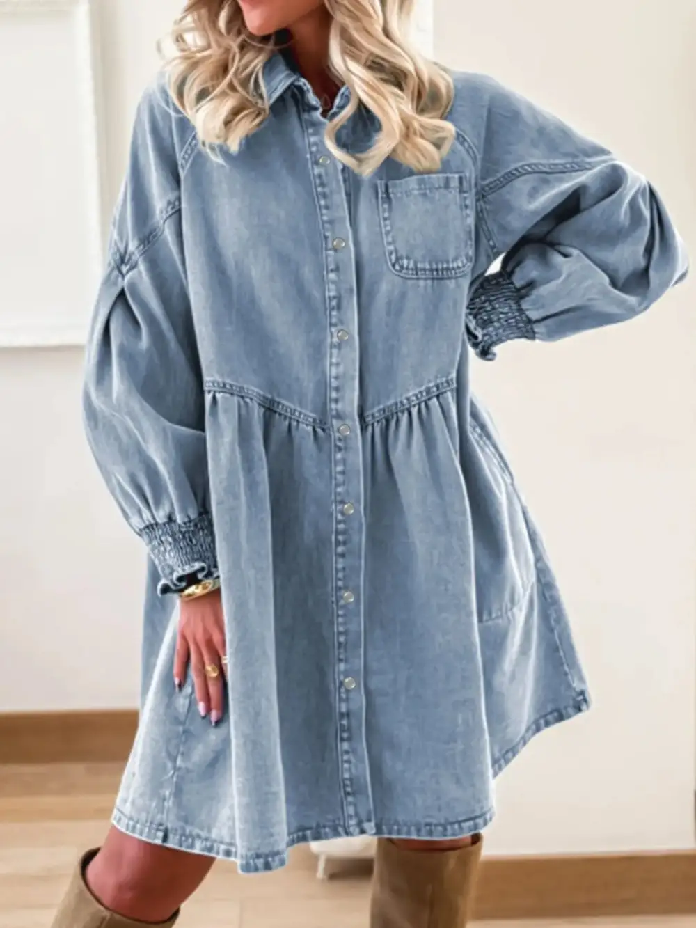 Denim Button Front Smocked Shirt Dress