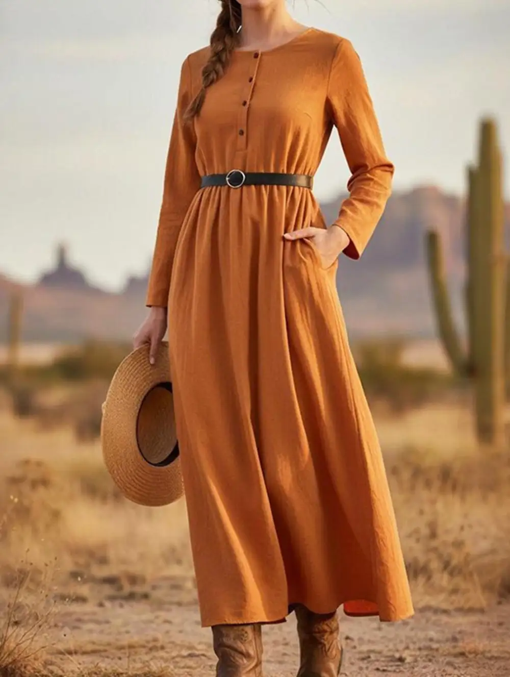 Vintage Cotton Linen Long Sleeve Dress