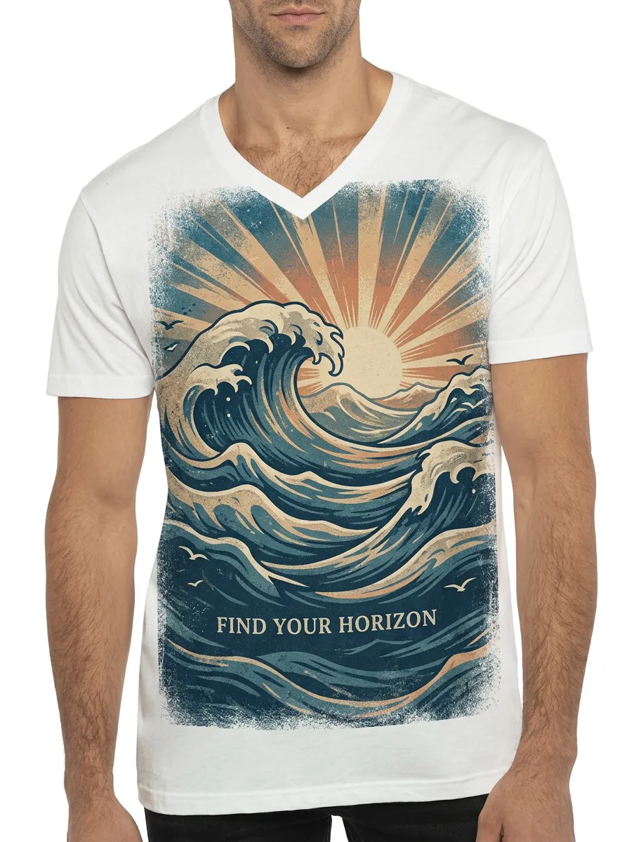 Men's Ocean Lover Find Your Horizon Wave Sunset Printed V-neck T-shirt