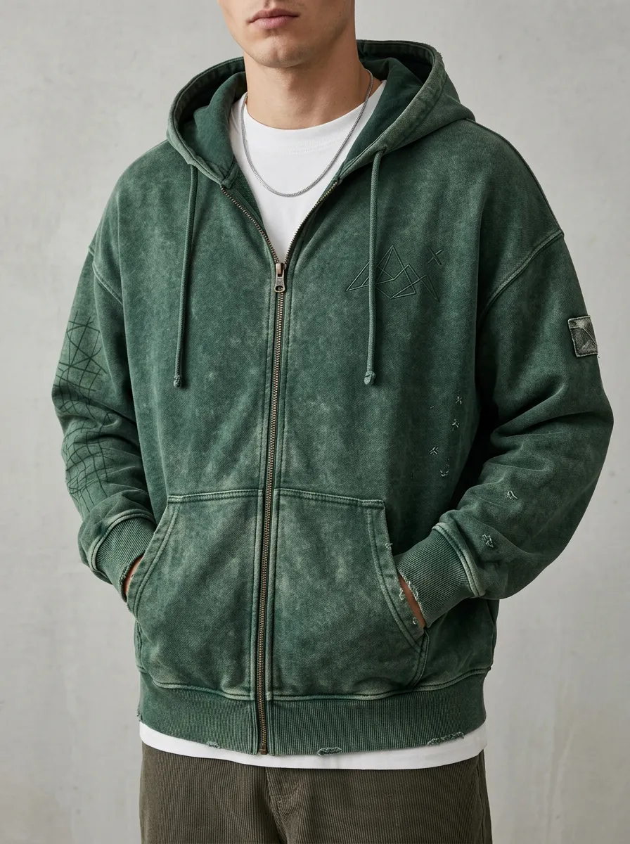 Men's Geometric Mountain Graphic Acid Wash Printed Zip-up Hoodie