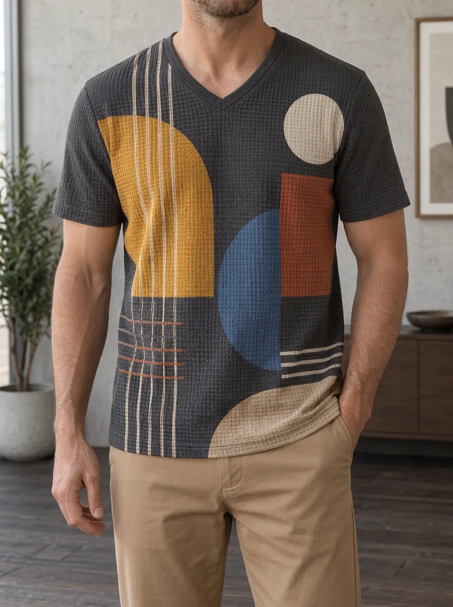 Men's Dynamic Abstract Geometric Pattern V-Neck T-Shirt