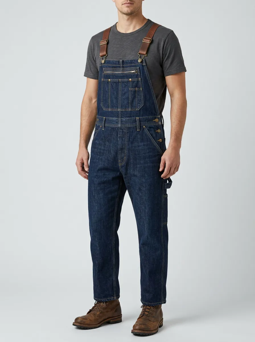 Men's Vintage Denim Leather Strap Workwear Bib Overalls