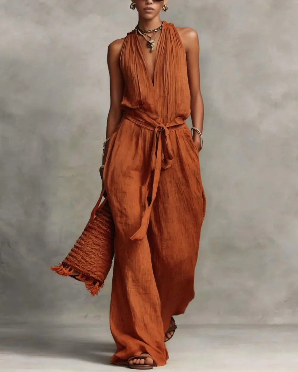 Deep V-Neck Halter Wide-Leg Jumpsuit