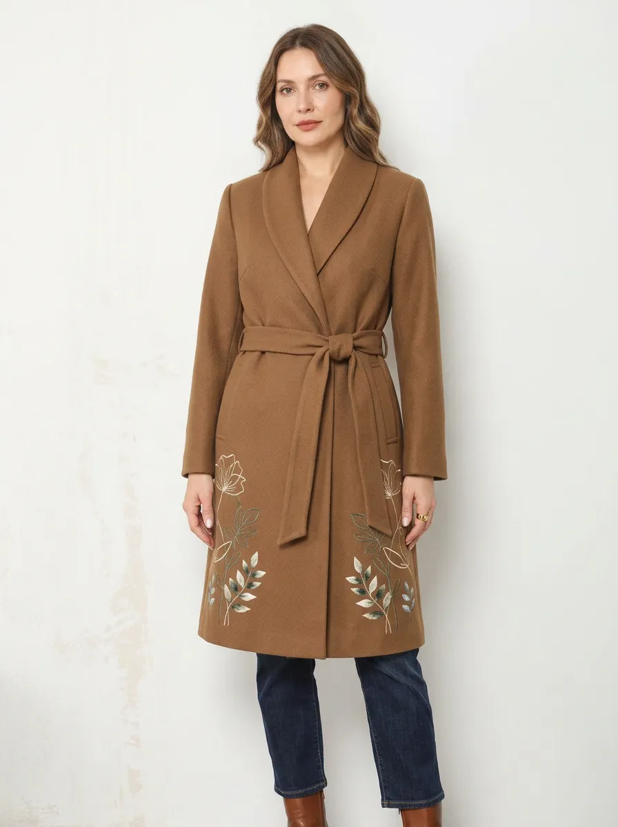 Women's Floral Embroidered Brown Belted Coat