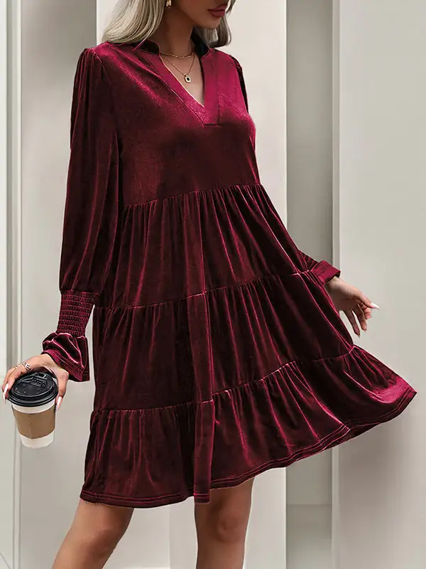 A Line Long Sleeve Pleated Solid Color Velvet V Neck Mini