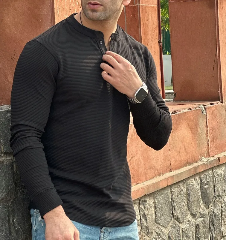 Black Textured Knit Long Sleeve Henley