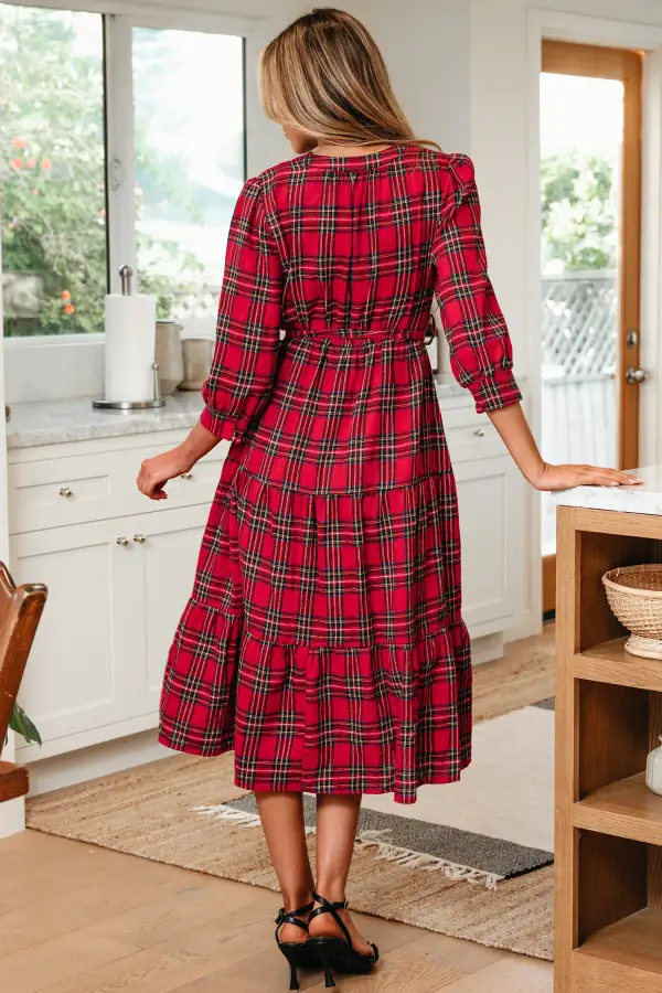 Christmas V Neck Sleeve Tie Waist Ruffle Hem Long Dress