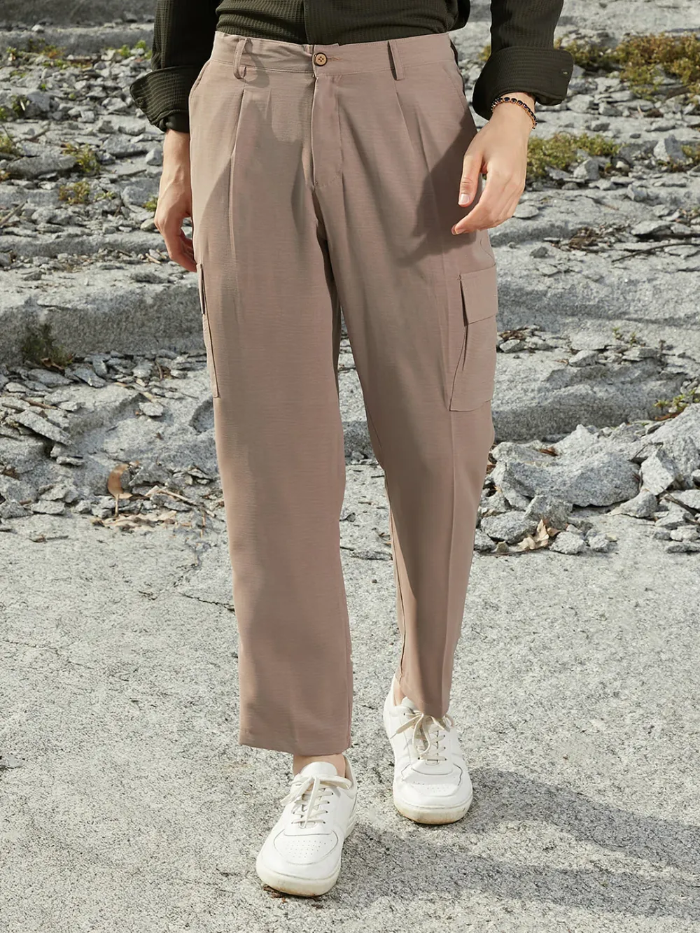 Beige Mid Rise Utility Trousers