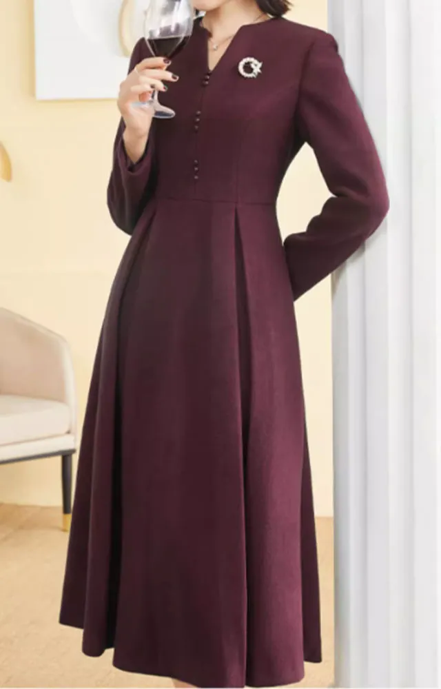 Flowing Wool Blend Fit And Flare Long Sleeve Midi Dress