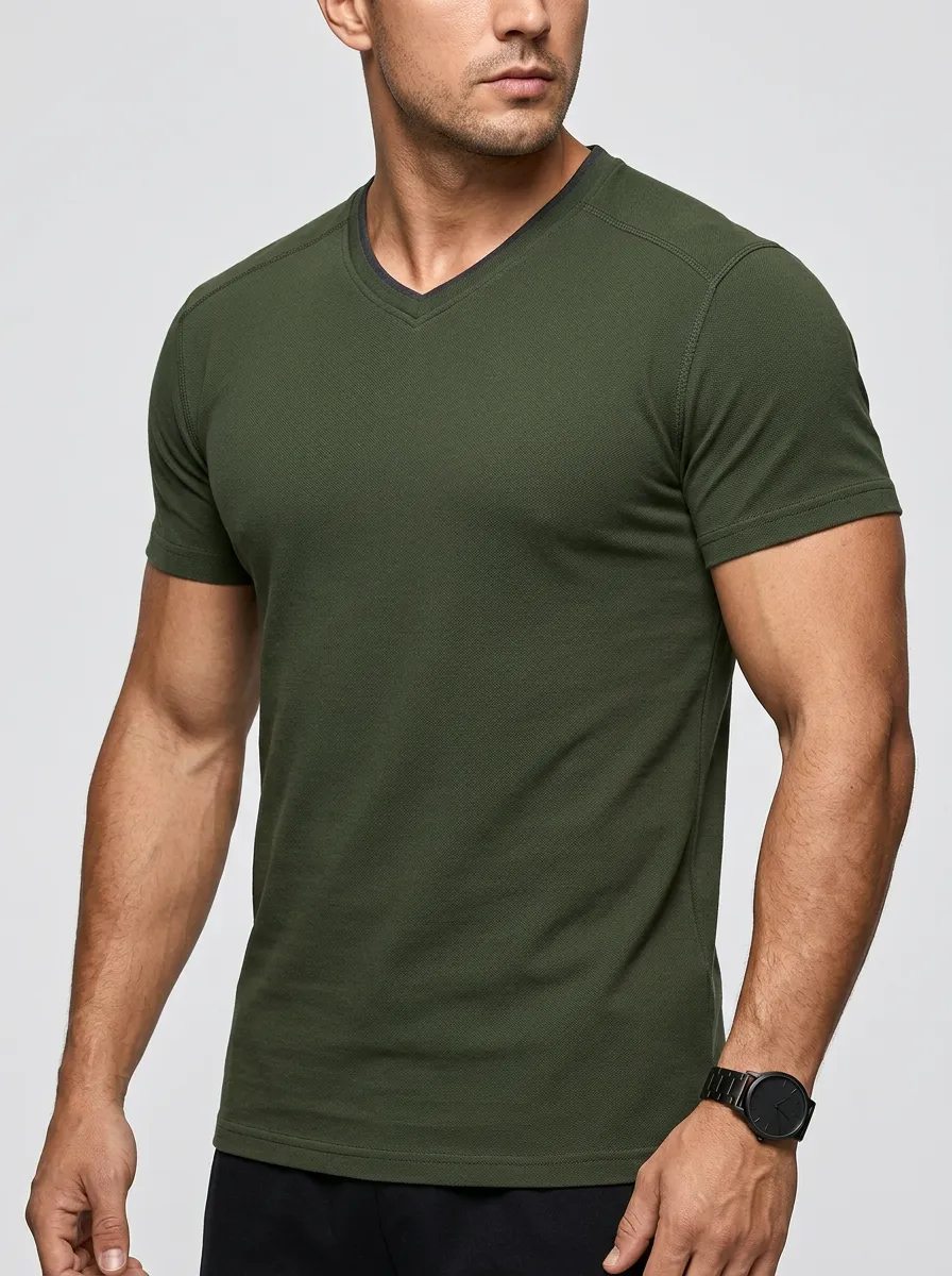 Minimal Textured Raglan Sleeve V-Neck Classic Look Men's Slim Fit Short Sleeve T-Shirt