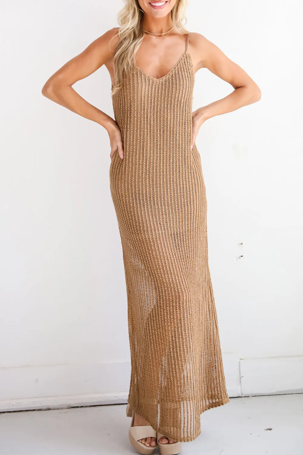 Taupe Crochet Knit Maxi Dress