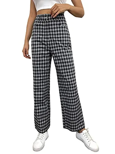 Women's Tartan Plaid Mid Waist Straight Pants