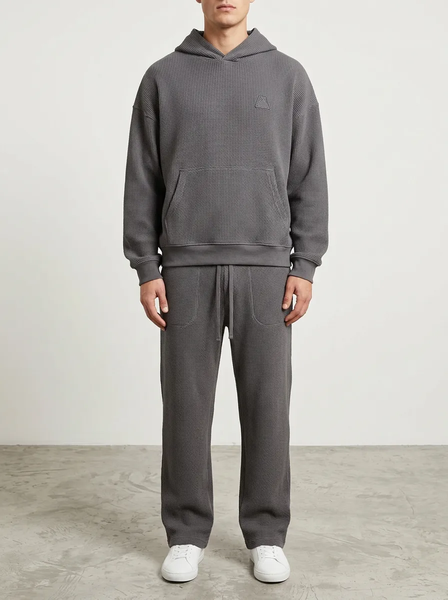 Men's Everyday Charcoal Waffle Knit Textured Pullover Hoodie