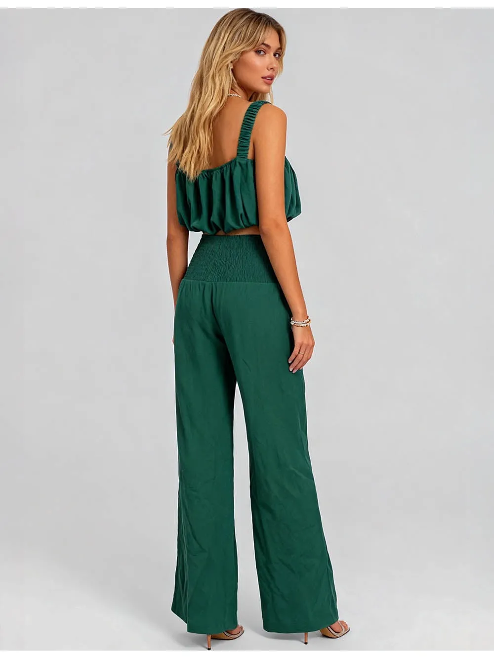 Solid Color Elastic Waist Smocked Wide Leg Pants