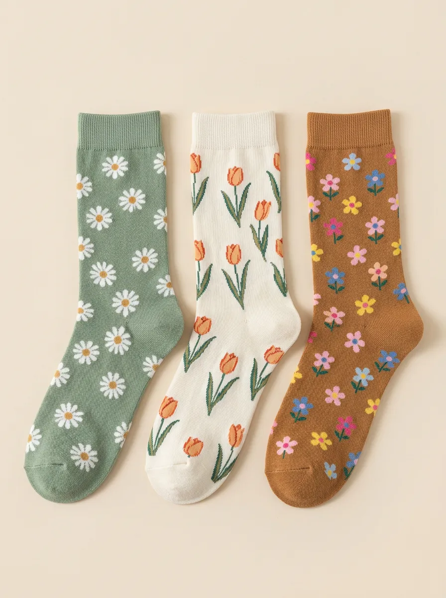 Artful Daisy Tulip Floral Three Pair Sock Set