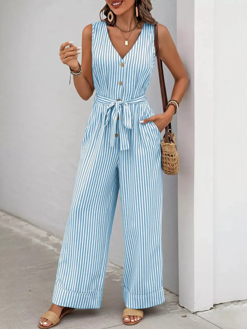 Striped Button Front Tie Waist Wide Jumpsuit