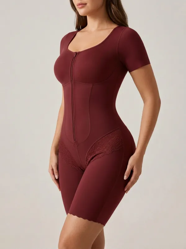 Women's Tummy Control Lace Trim Zip-Front Bodysuit Shapewear